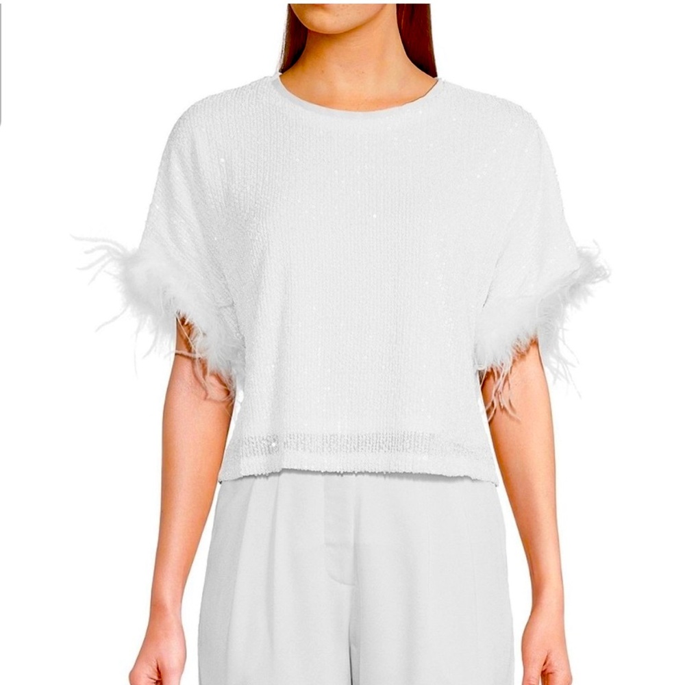New Lucy Paris Elegant White Sequence Top with Feather Trim